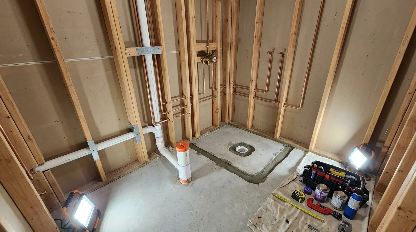 Bathroom rough-in plumbing during remodel by Johns Plumbing LLC in Cozad