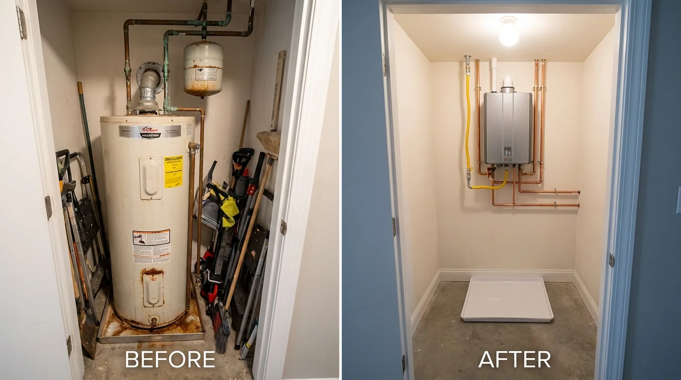 Tank water heater versus wall-mounted tankless unit comparison for Cozad, NE homeowners