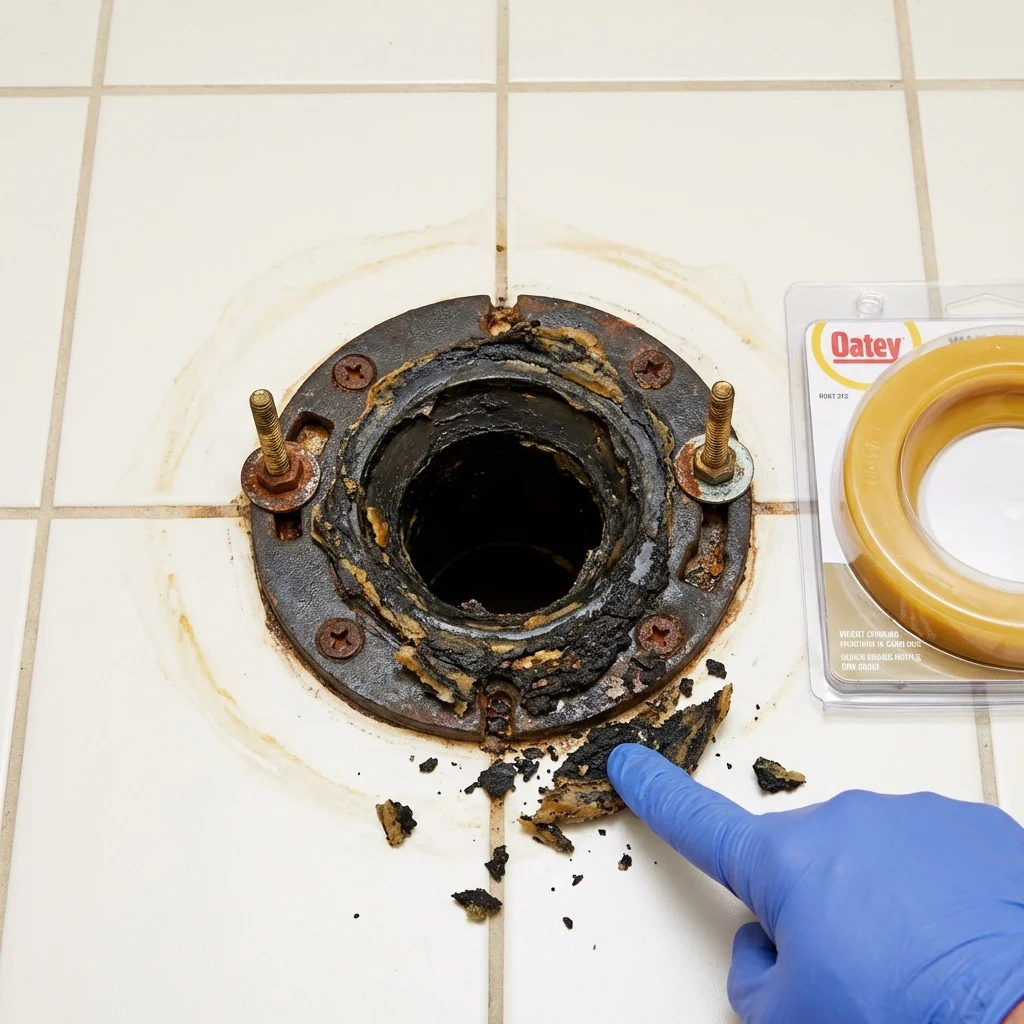Failed wax ring showing water seepage at the base of a toilet in a Cozad, NE home