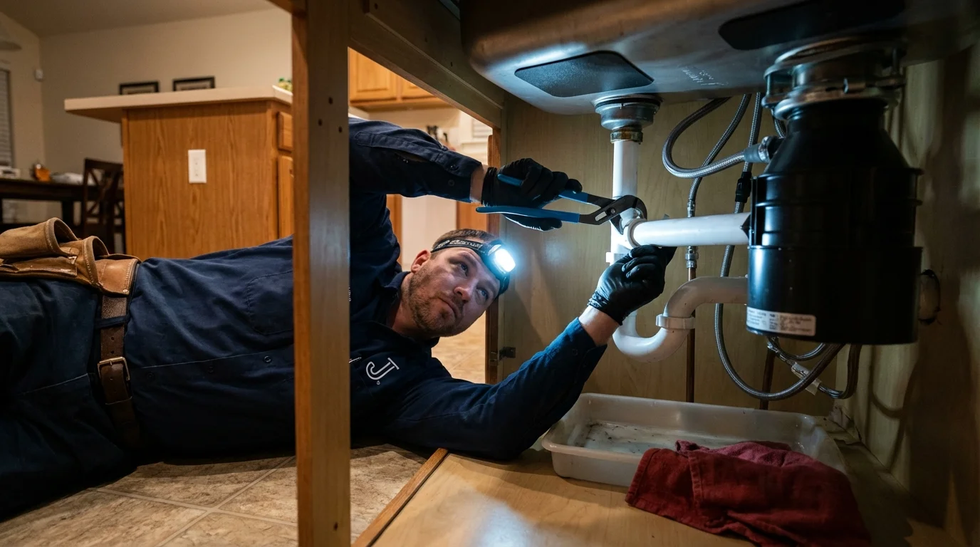P-trap and supply line connections under a kitchen sink showing a common leak point in Cozad, NE